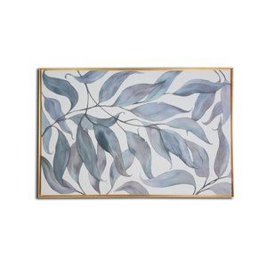 Blue Leaves Floating Canvas Wall Art with Gold Frame, 24x36 Inches